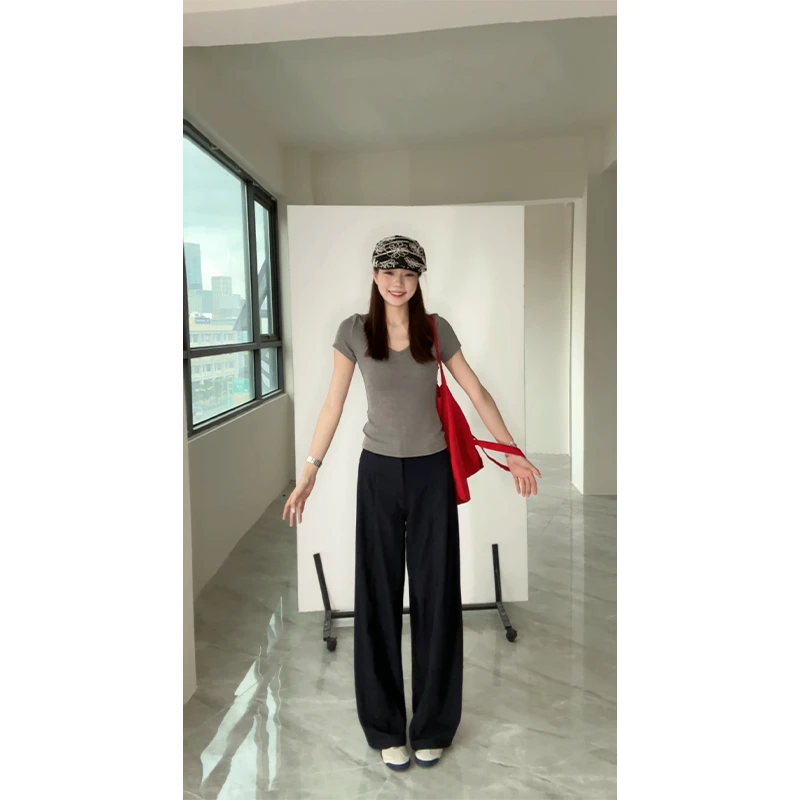 48H【显瘦好穿tee】加长正肩v领短袖修身高弹显瘦纯欲上衣SU362