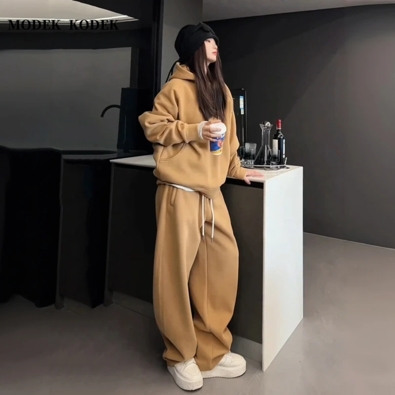 MODEK KODEK时尚潮牌加绒休闲卫衣男士秋冬新款宽松直筒裤两件套