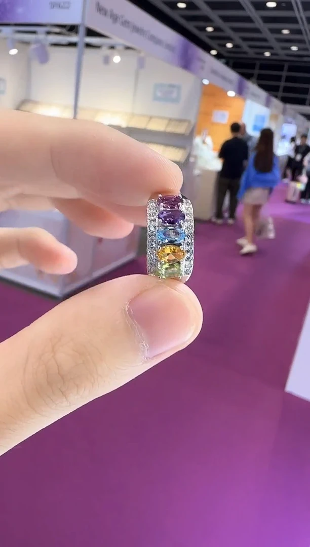银S925镶嵌戒指托帕石多彩宝石排戒8mm