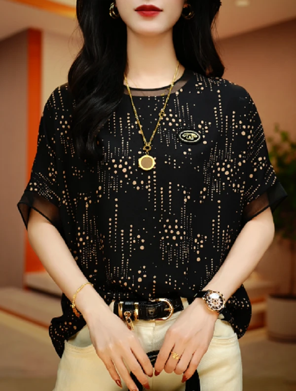 星雨洒落-轻奢优雅高端时尚女显瘦显白百搭减龄印花圆领上衣