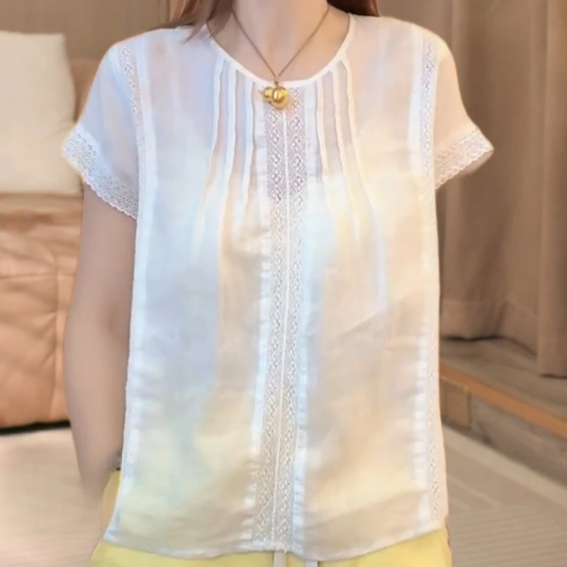 2025夏季新款圆领慵懒风拼接蕾丝松弛感上衣T恤LK2503628