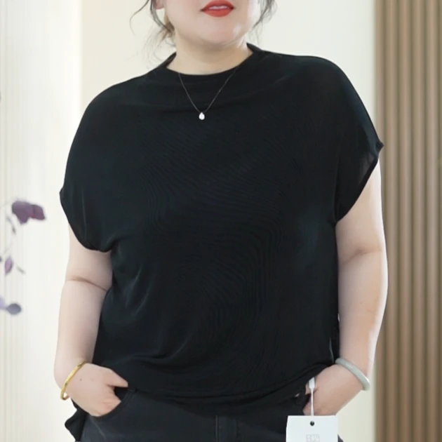 盖肩袖环保醋酸T恤女大码弹力轻柔滑百搭显瘦船领秋季基础款上衣