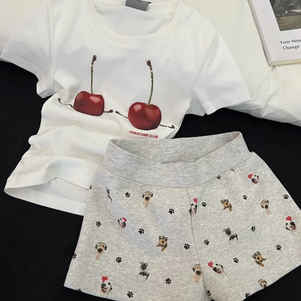 韩系车厘子印花睡衣套装女夏季新款休闲短袖短裤套装外穿家居服