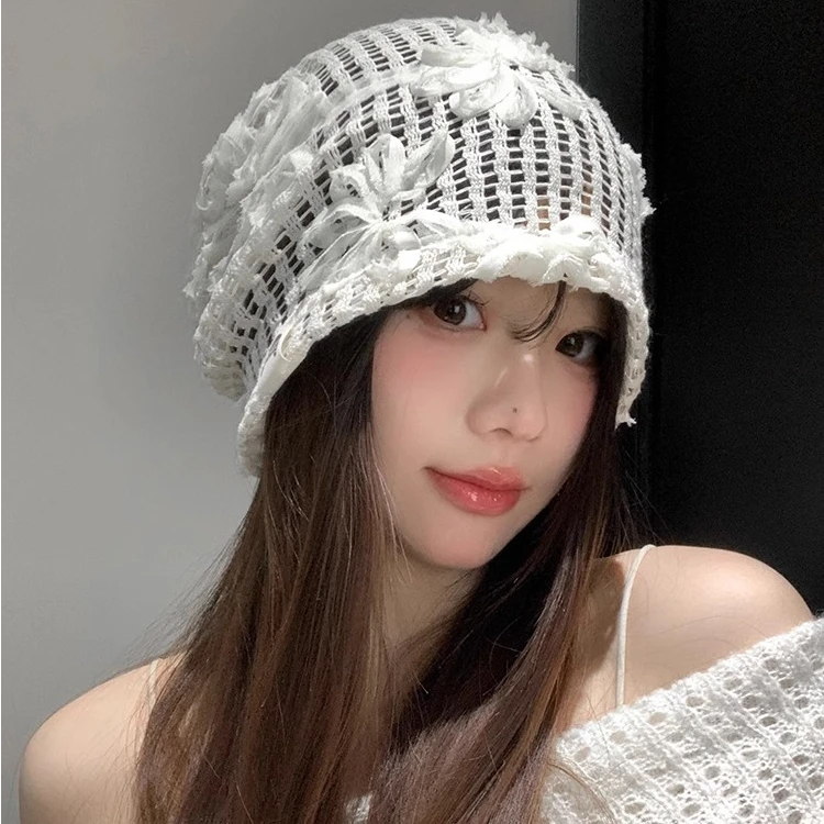 【 BWEIED】花朵包头帽女春夏薄款时髦镂空透气大头围冷帽堆堆帽潮