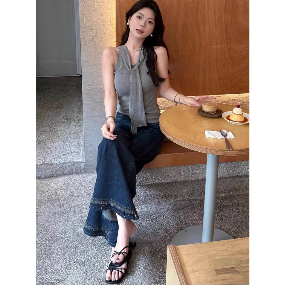 PERIKAS复古蓝高腰秋新款时尚阔腿显瘦流苏设计感裤子宽松慵懒风