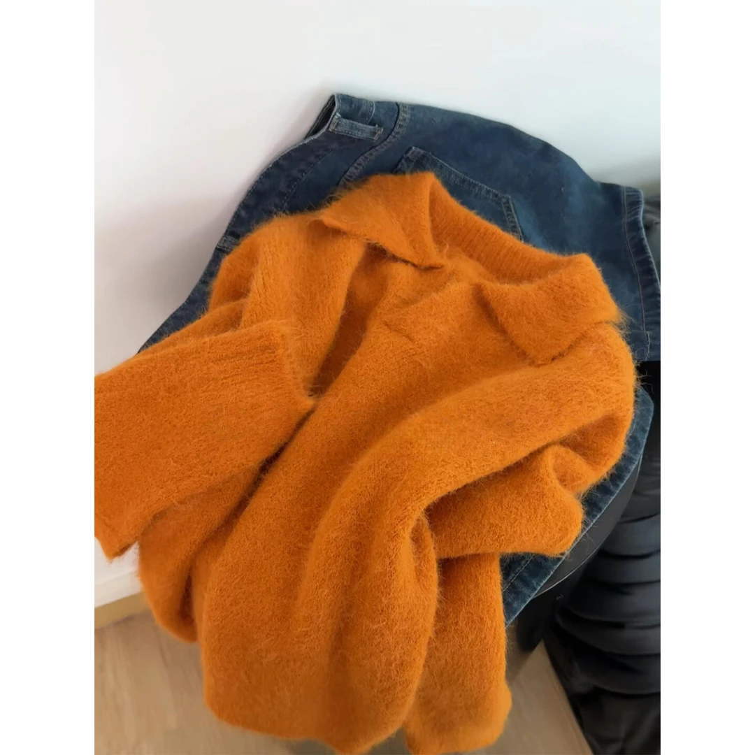 真心舒服！巨推荐！暖橙橘色针织衫女韩系翻领软糯套头慵懒漂亮毛衣