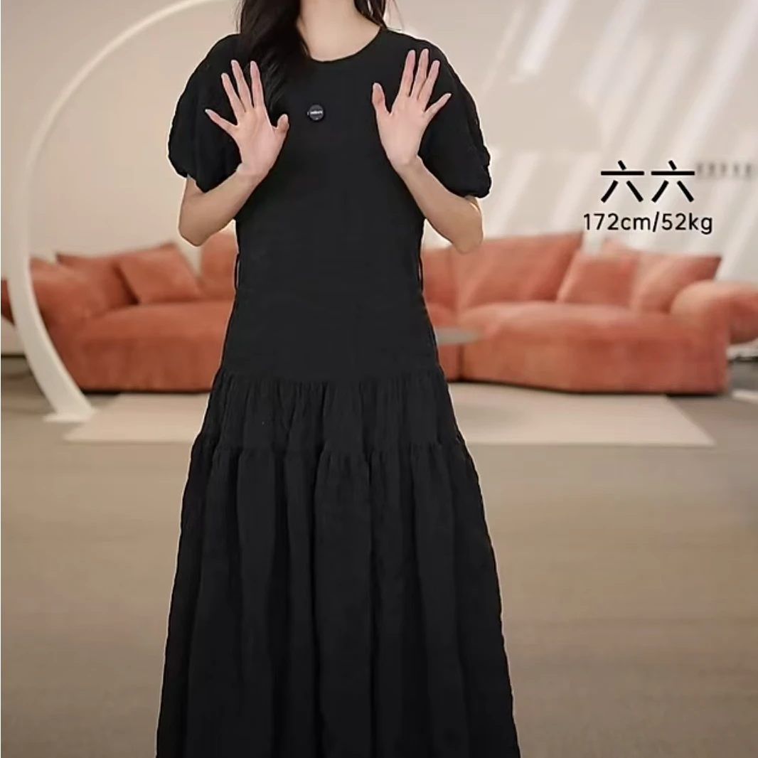 limil/丽米儿拉链高腰中长裙公主黑色大摆裙连衣裙泡泡袖9500055