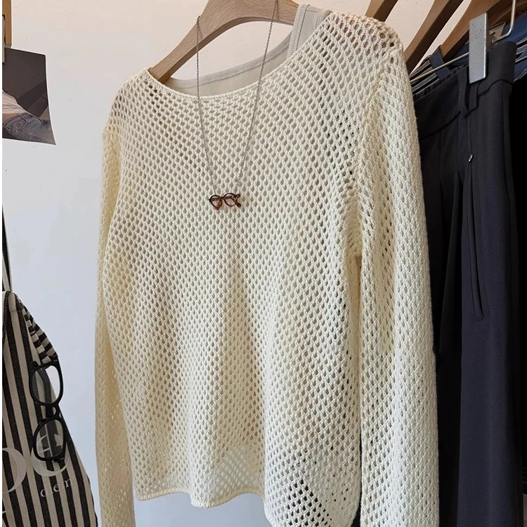密云 镂空套头毛衣百搭简约纯色设计感上衣假两件休闲时尚女士