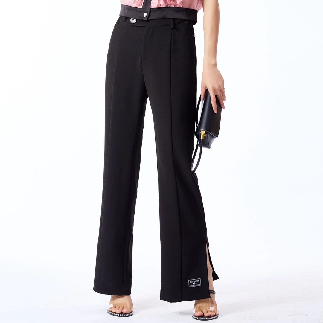 微喇裤高腰极简风长裤透气休闲裤黑色气质修身夏季显瘦女装直筒