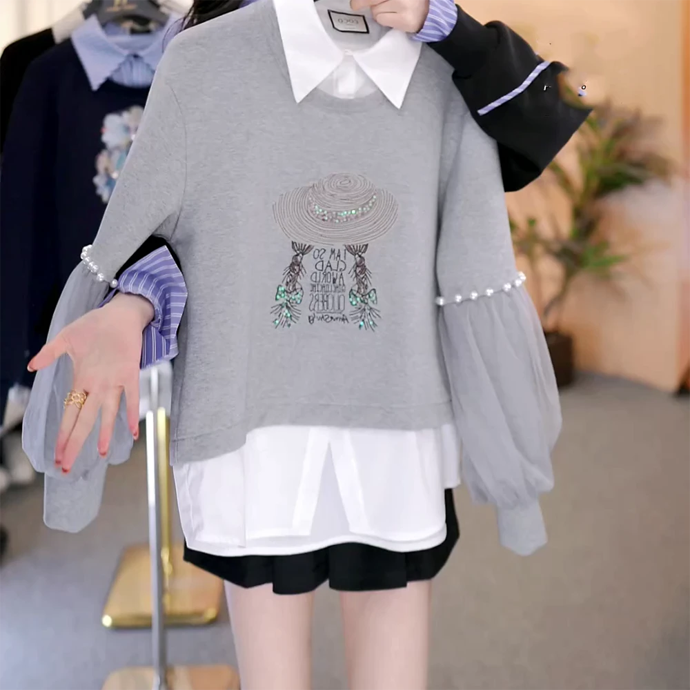 新款设计师高级感气质女拼钉珠时尚气质显瘦减龄长袖卫衣C6408