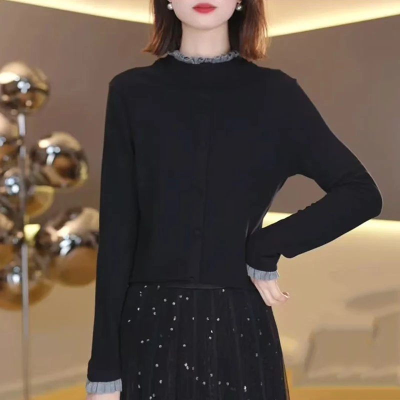 新款木耳花边领上衣长袖T恤气质设计感打底衫女