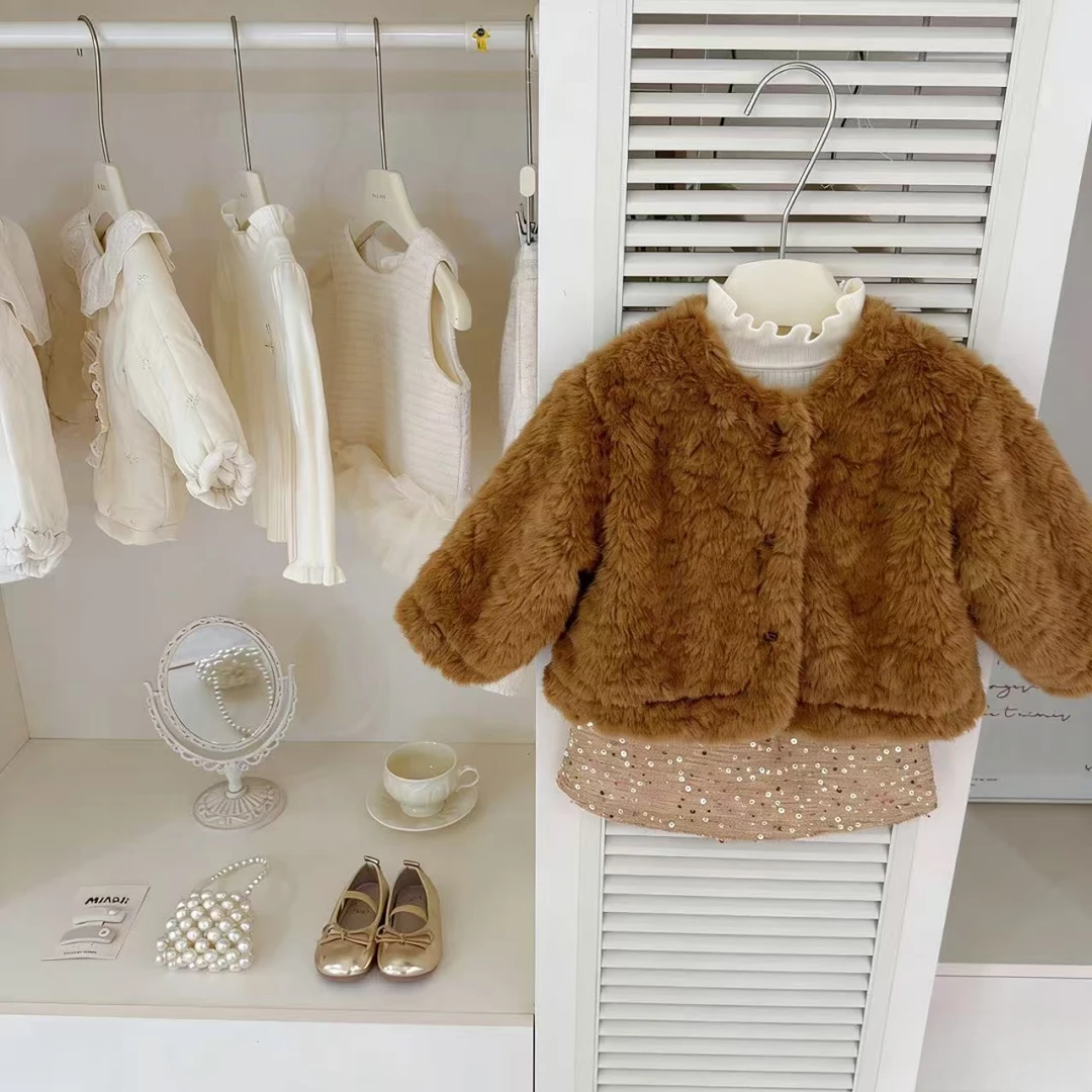 原创冬季女童黄色毛毛加绒外套秋冬加厚儿童亮片洋气半身裙两件套