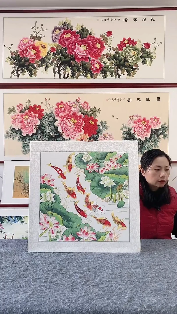 国画实木画框纯手绘国画65*65带框装饰画
