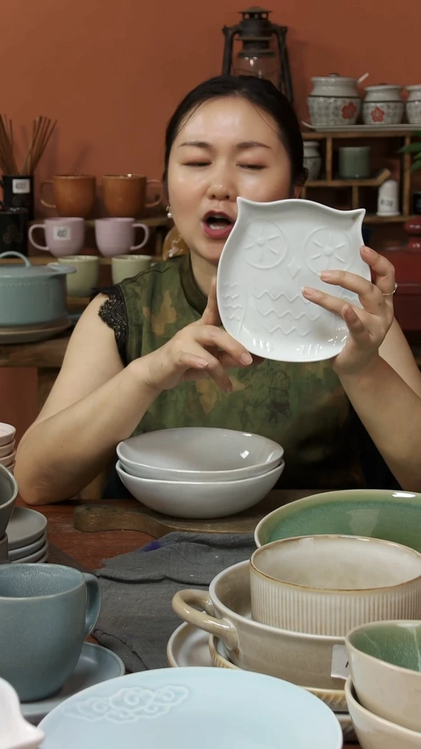 陶瓷1019陶瓷猫头鹰小盘一件套微瑕