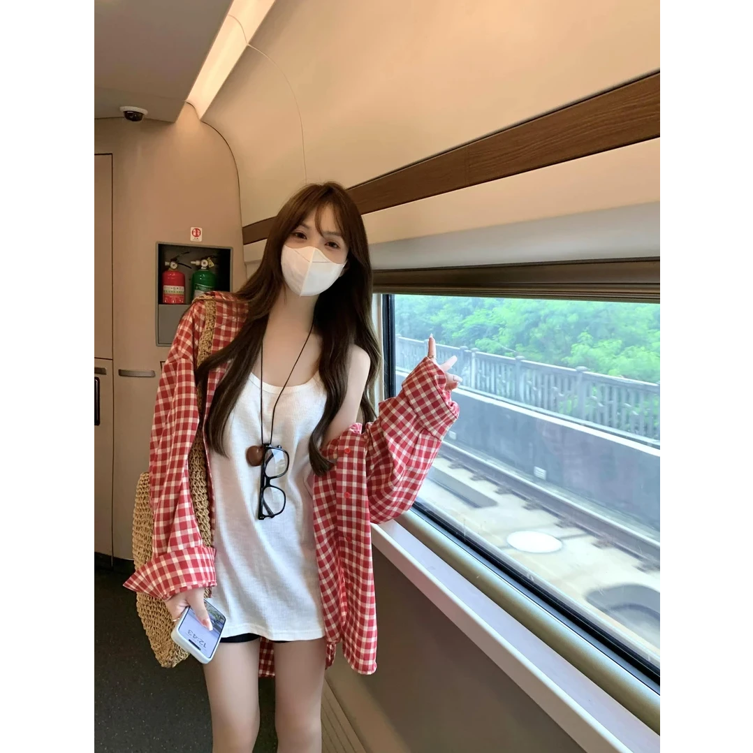 芊芊芙复古红色休闲格子衬衫外套2025春秋新款宽松慵懒风衬衣上衣