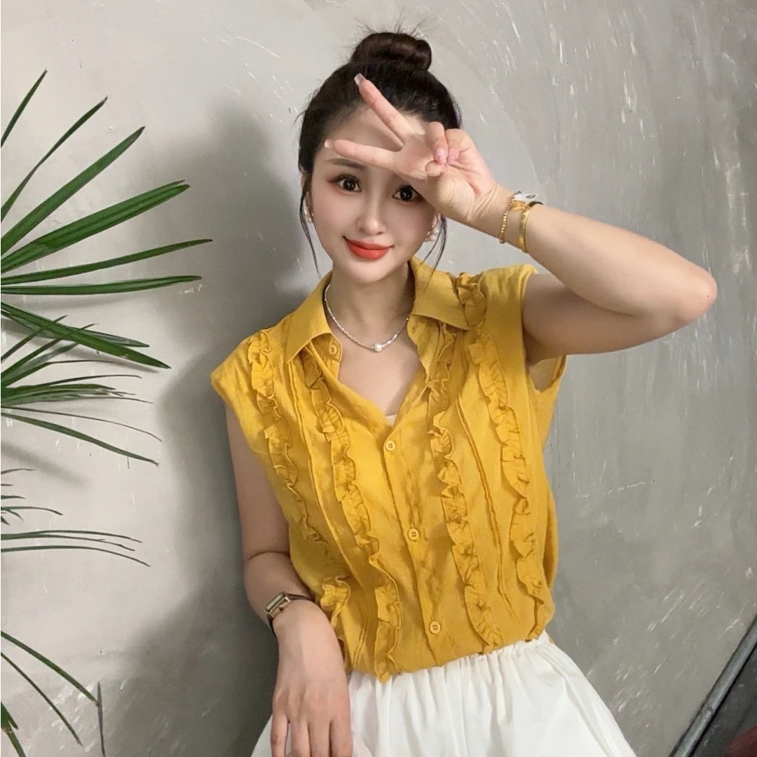 贝姐同款【无袖花边衬衫】夏季新款~翻领垫肩短款无袖衬衫5A63