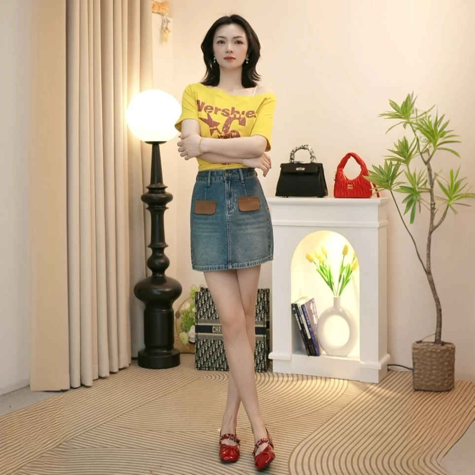 法式复古假口袋牛仔女显瘦半身裙小香风新气质高腰短款时尚A字