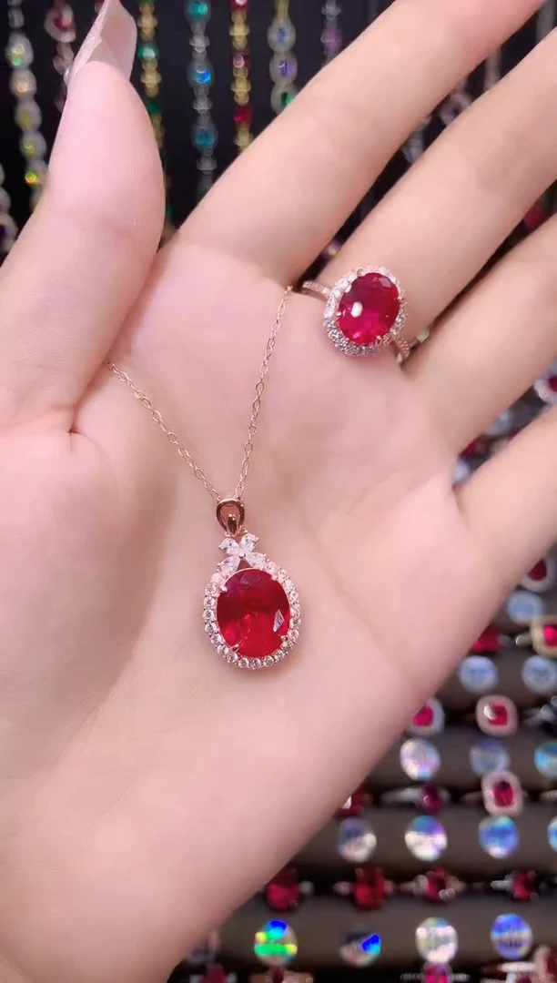 银S925镶嵌吊坠(赠链)红宝石10.12玫瑰金