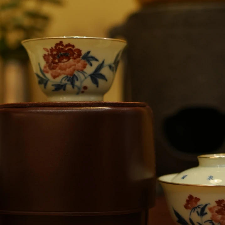 【悦生活】釉里红-雲由山坊-牡丹银口杯（雲由S0695）