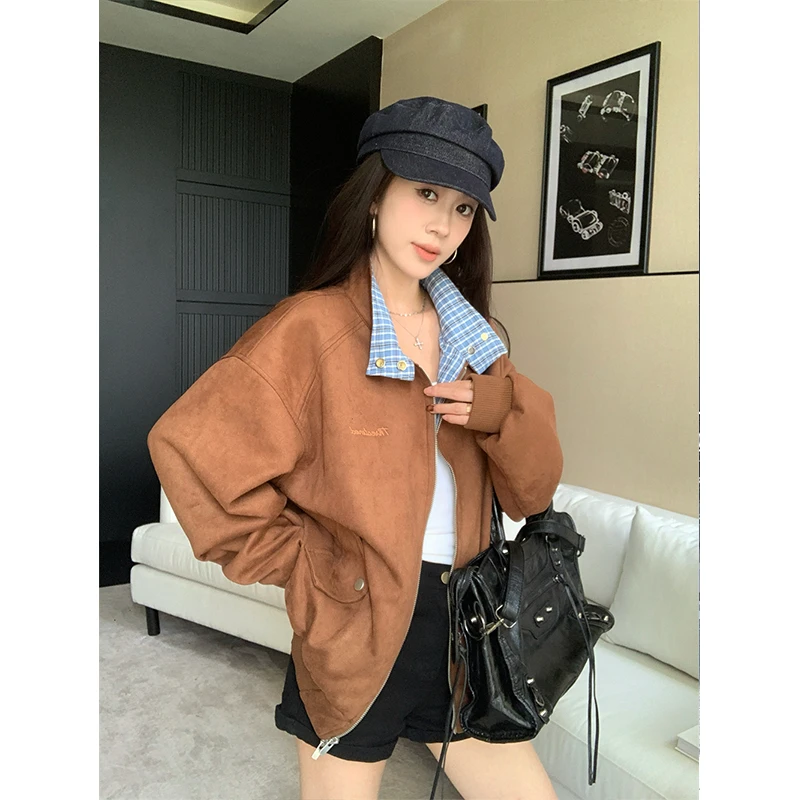 美式复古拼接格纹麂皮绒短款夹克女25秋季宽松设计感纯色情侣外套