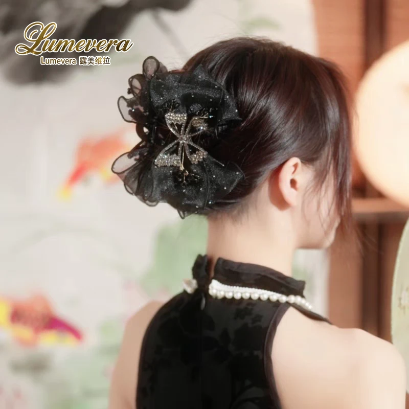 Lumevera轻奢双面水钻蝴蝶结抓夹高级感发夹后脑勺鲨鱼夹气质发卡