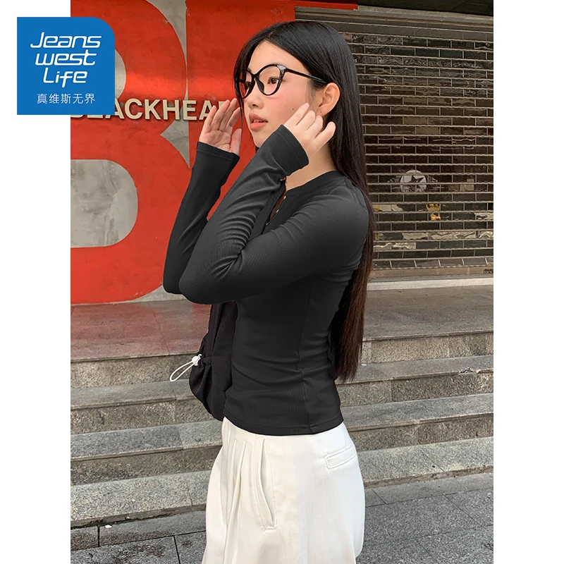 真维斯无界黑色长袖女2025年春秋季小个子紧身显瘦亲肤外穿打底衫
