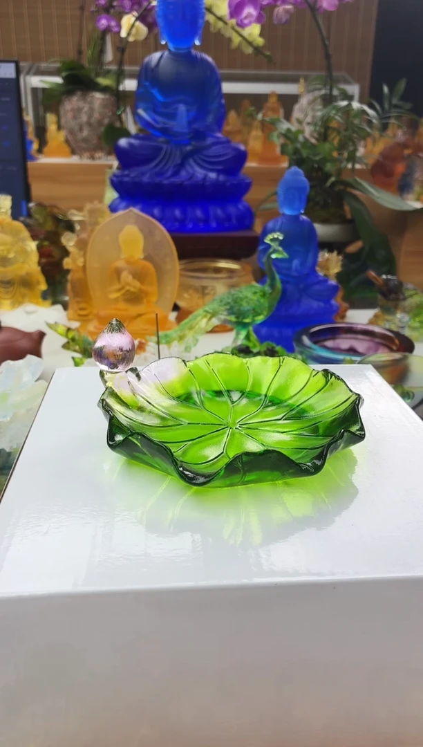 手工艺品琉璃绿色荷叶咖啡杯碟14公分