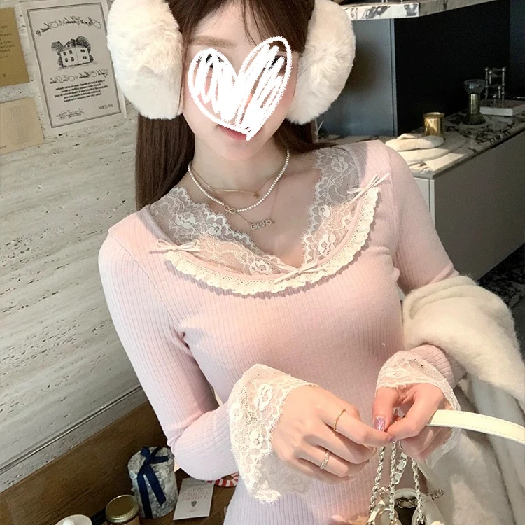 香软奶糕 蕾丝拼接修身纯欲显瘦针织打底上衣C 8320#