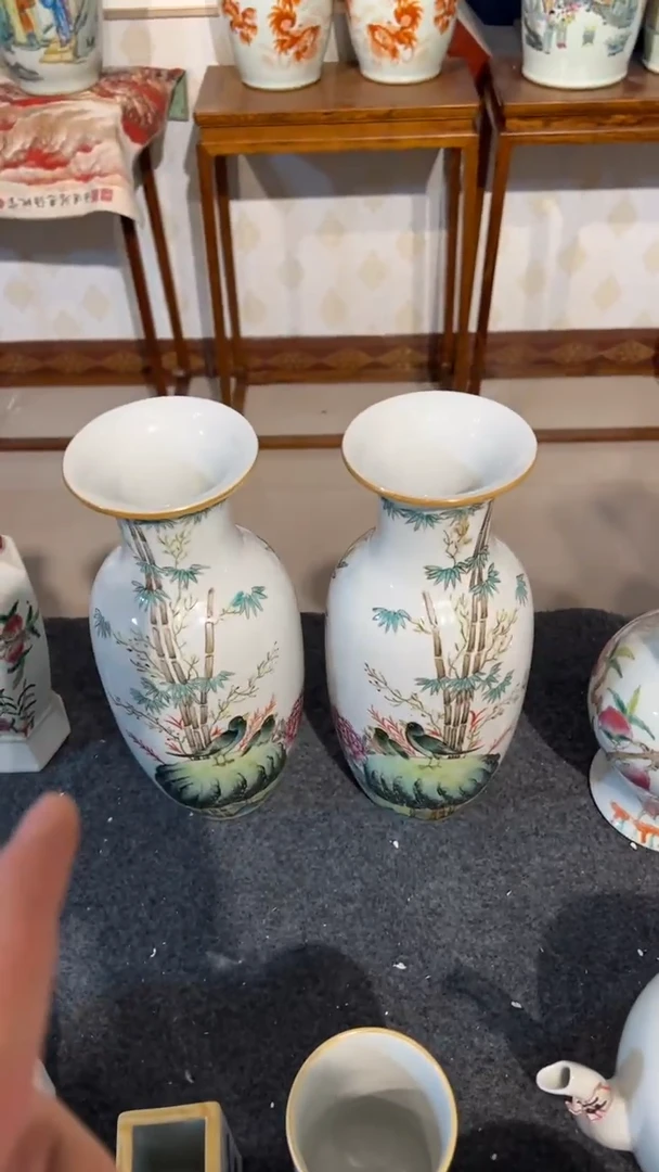 摆件瓷摆件瓷摆件双鸟竹地瓶29