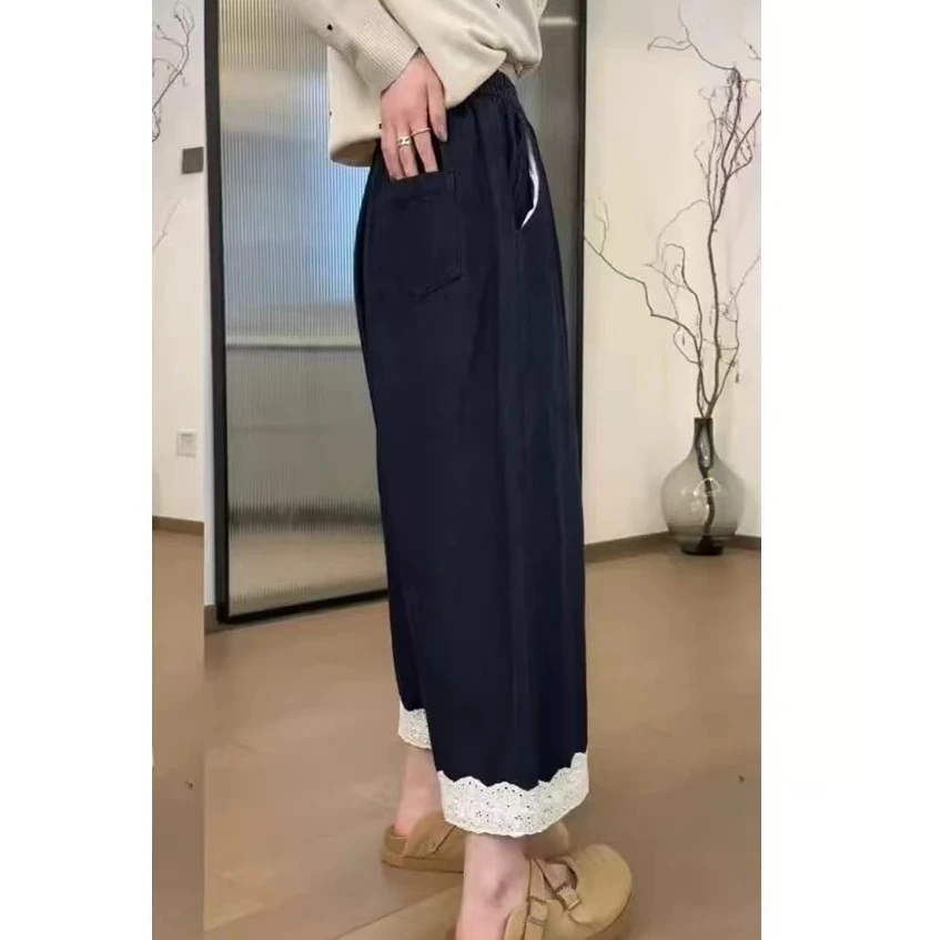 【例畔精选】2025春夏时尚百搭遮肉显瘦松紧腰蕾丝边直筒裤KZ019#