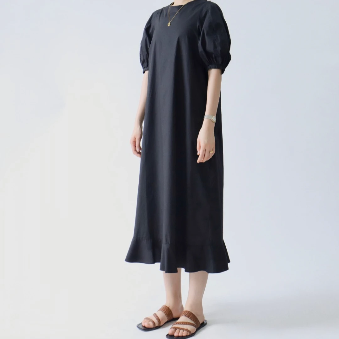 夏季设计师款美拉德风显瘦纯棉泡泡袖连衣裙0069