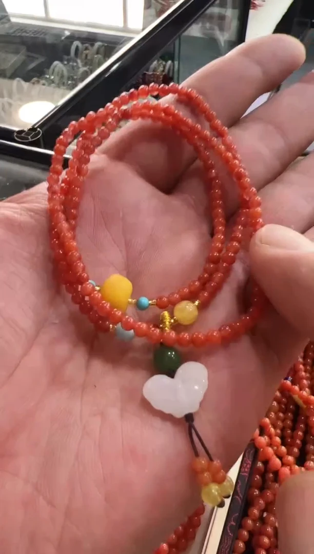 南红玛瑙未镶嵌颈饰南红小米珠蝴蝶颈链
