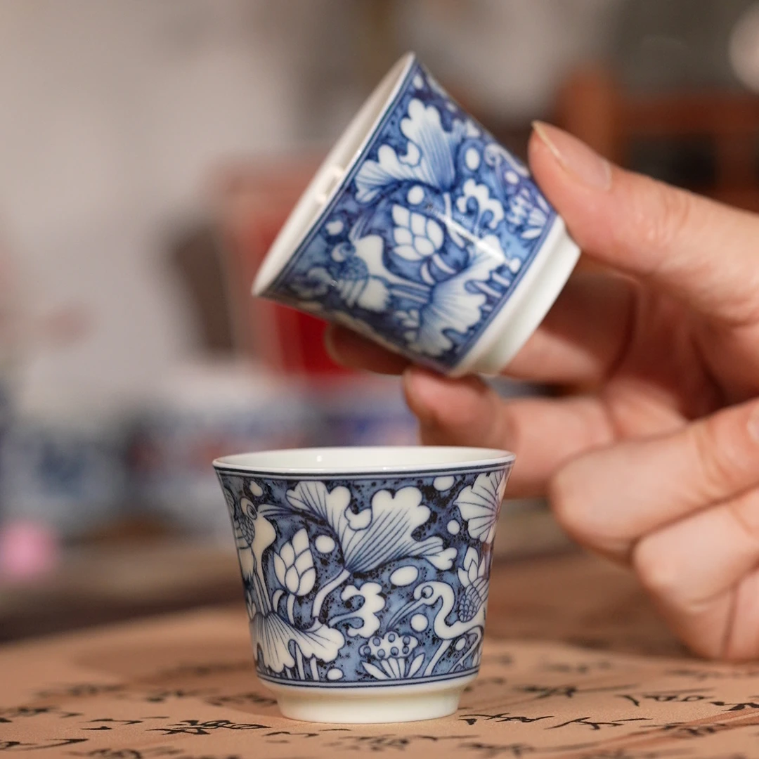 ”一鹭联科“高温釉下客杯一对/复古/陶瓷茶具/茶道/青花瓷/元青花