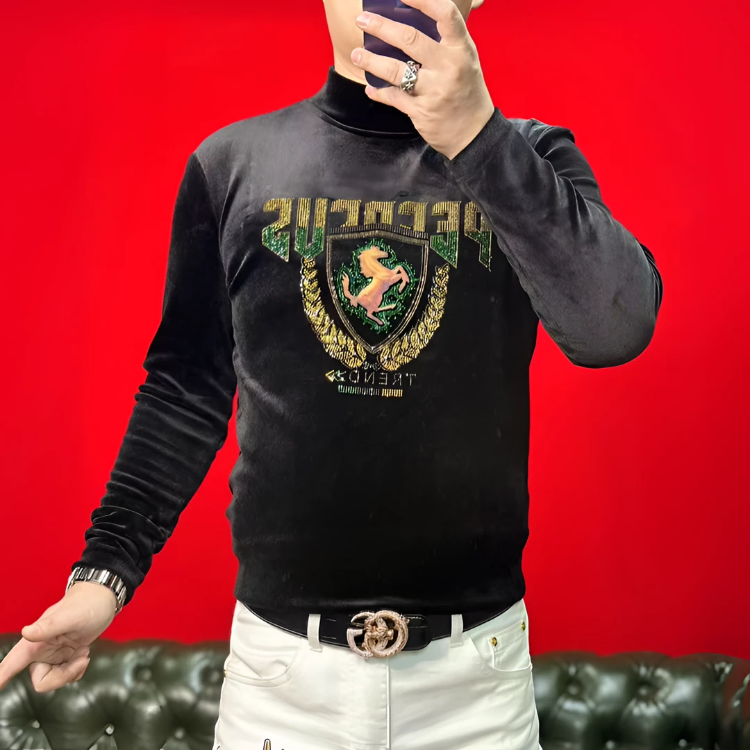 法拉盾甄选修身百搭轻奢高品质免烫高弹金丝绒高领战马款T恤T17