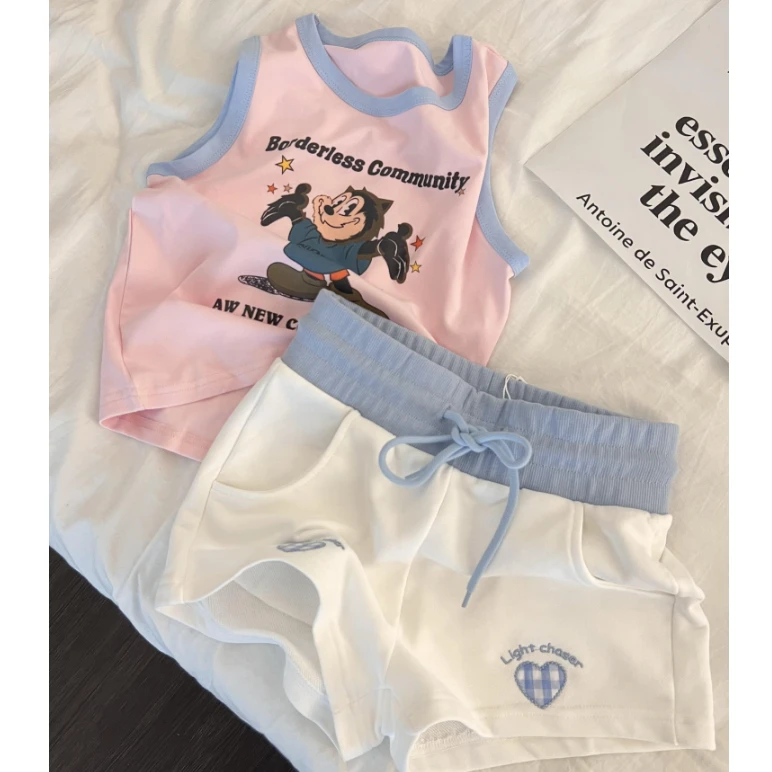 韩版简约运动风爱心短袖睡衣女夏季2025新款大码卡通印花家居服