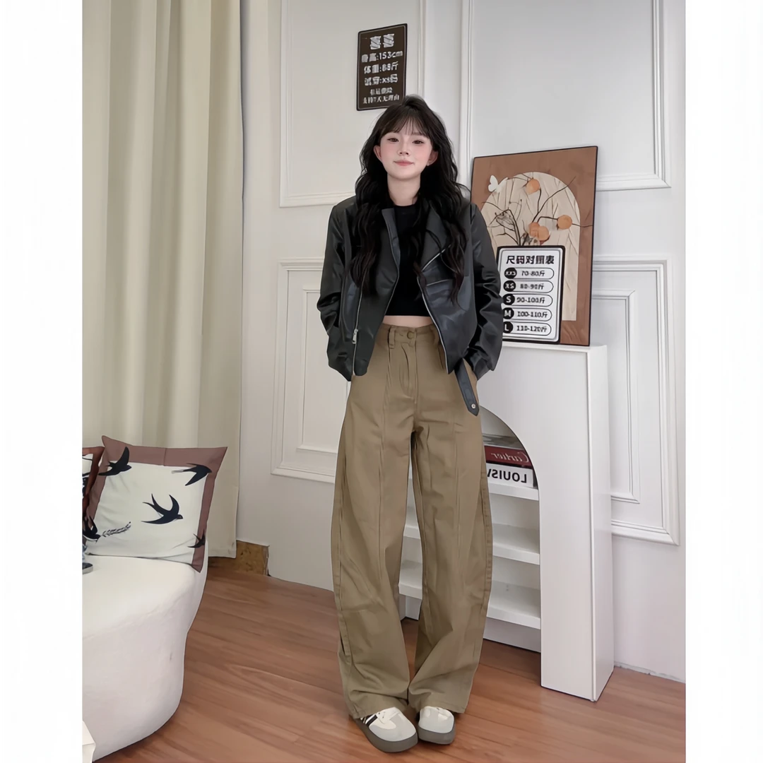 卡其色弯刀垂感阔腿裤2025年秋季新款高腰宽松显瘦休闲牛仔裤
