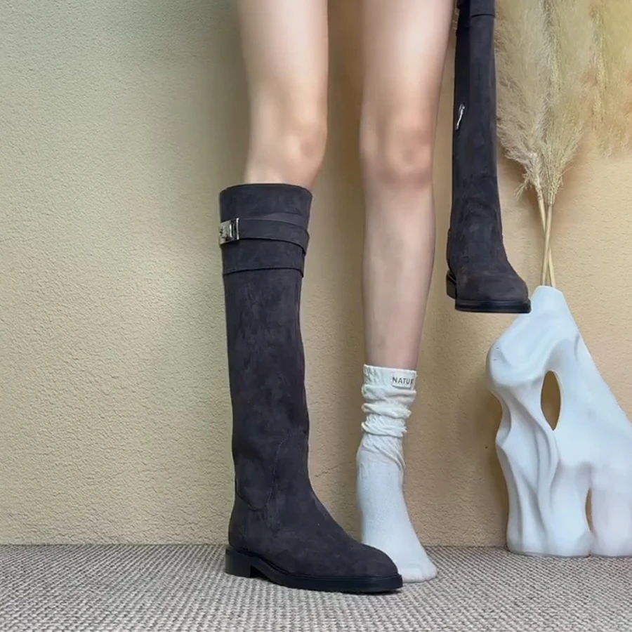 牛皮版~金属扣不过膝高筒靴女显瘦复古骑士靴西部靴方头低跟长靴