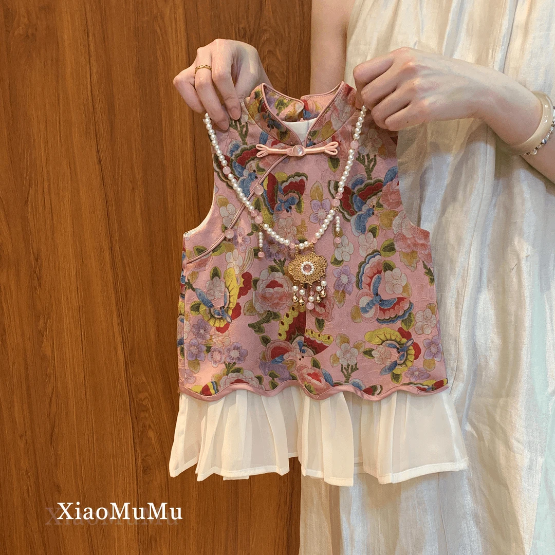 女童夏季新中式国服旗袍背心裙儿童盘扣花朵拼连衣裙宝宝甜美套装