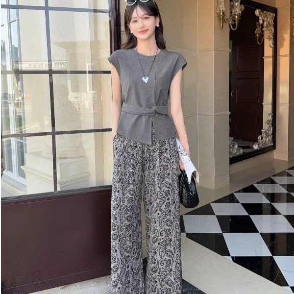 花纹裤子套装静奢风慵懒风休闲风时尚套装阔腿裤宽松夏装洋气