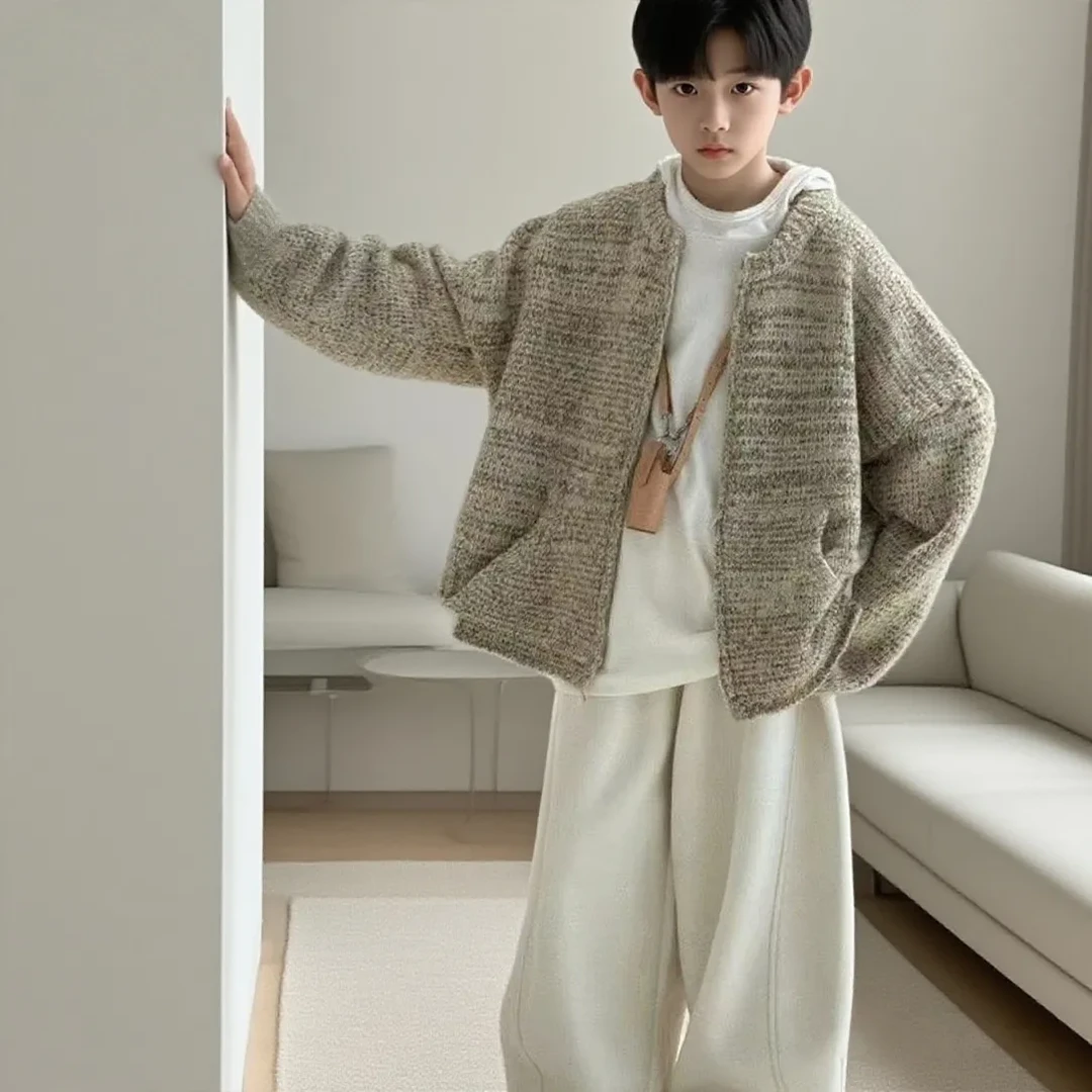 儿童秋冬季款韩版套装男童针织线衣外套连帽打底薄绒休闲裤三件套
