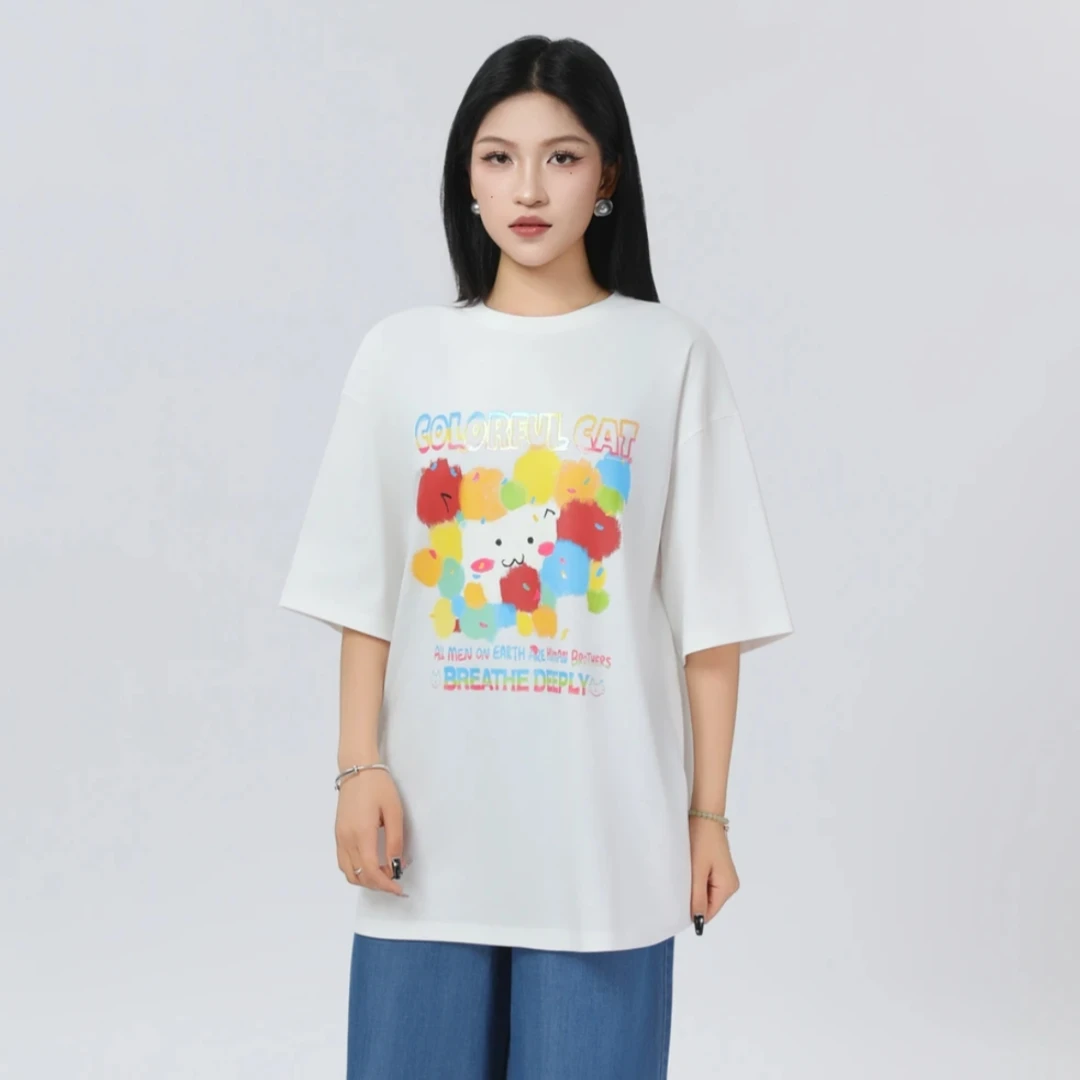 GIRDEAR/哥弟「彩绘喵喵」宽松印花中长款百搭T恤130065
