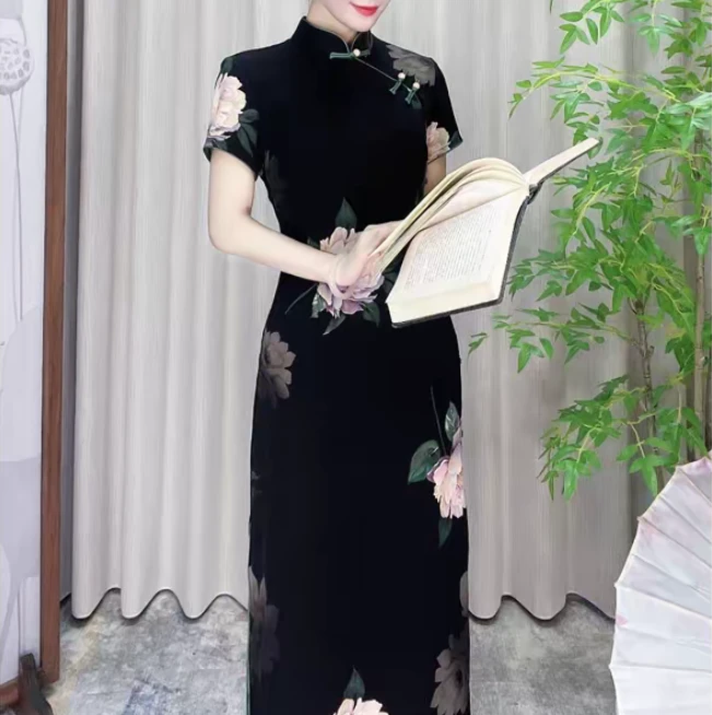 【墨迹牡丹】深色不是定位花复古减龄无袖旗袍中国风