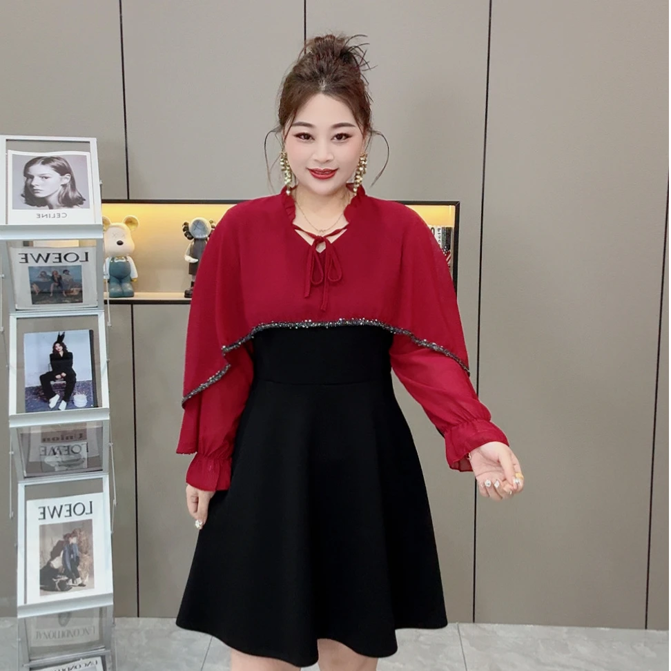 早春洋气时尚花边披肩重工显瘦大码女装连衣裙  胖MM新款气质遮肚