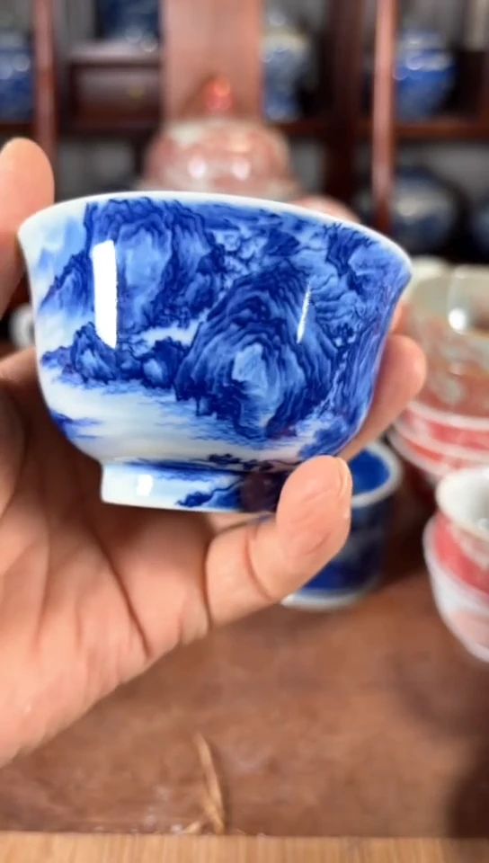 柴窑青花山水杯杯