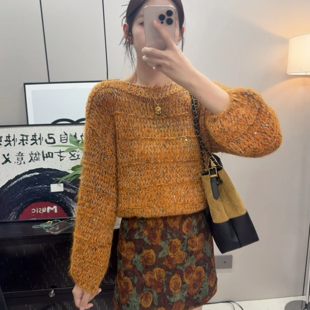 复古慵懒风紫色毛衣女秋冬季2025新款加厚宽松套头圆领针织衫上衣