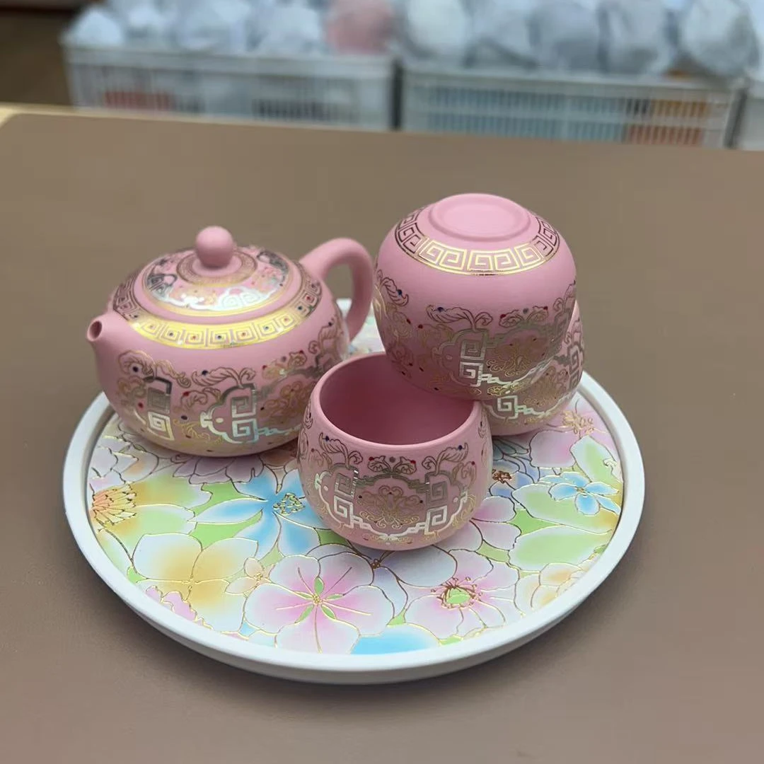 ZH2519-粉色紫砂敦煌西施一壶三杯＋茶盘