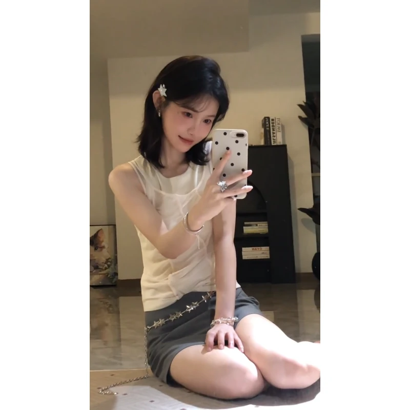 parkyeon韩系时尚高级感一整套穿搭小众纯欲风无袖上衣气质短裙