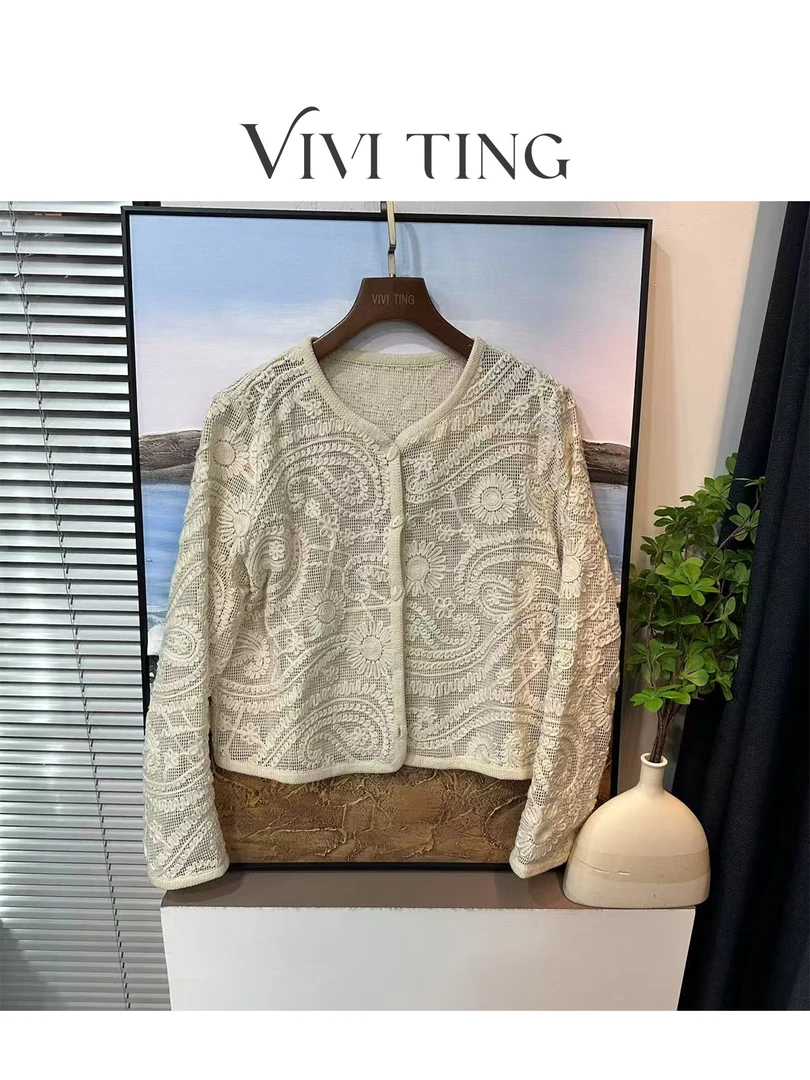 【VIVI·TING】婷姐推荐春装法式全身镂空钩花朵设计单排扣开衫s75