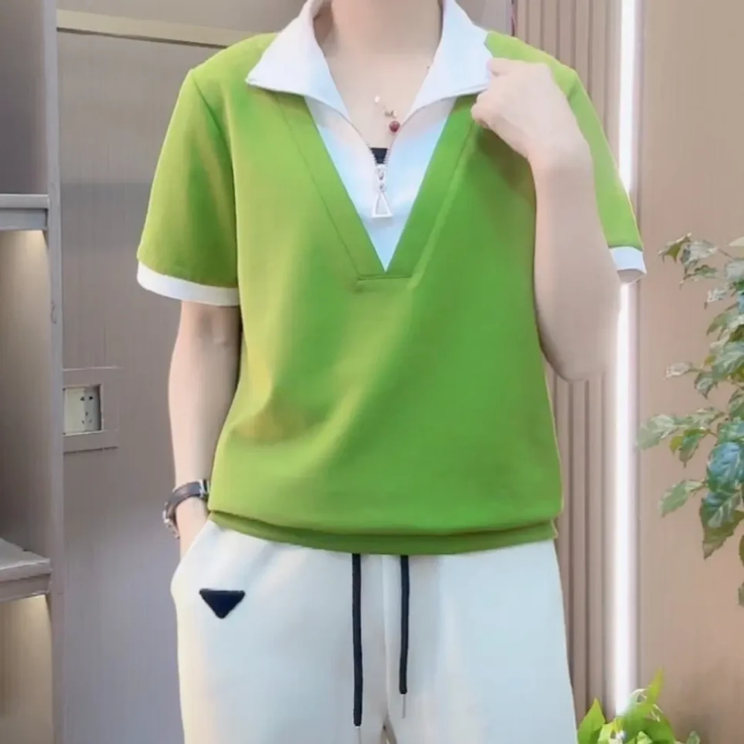 夏季新款时尚洋气假两件短袖T恤宽松显瘦百搭翻领减龄妈妈装上衣