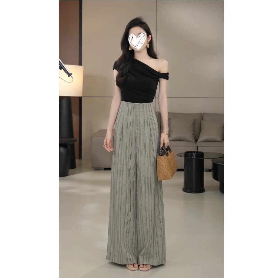 【时光旅人】夏季条纹气质百搭轻薄阔腿显瘦高级感休闲裤女1068